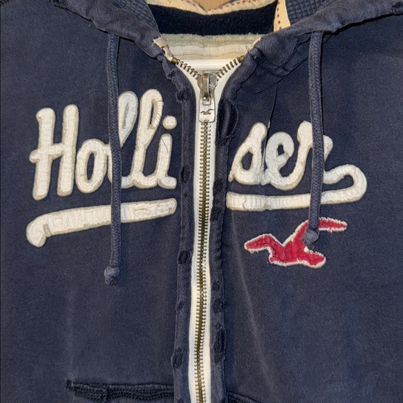 Hollister Heavy Distressed Dark Blue Zip-Up Hoodie - Picture 2 of 6